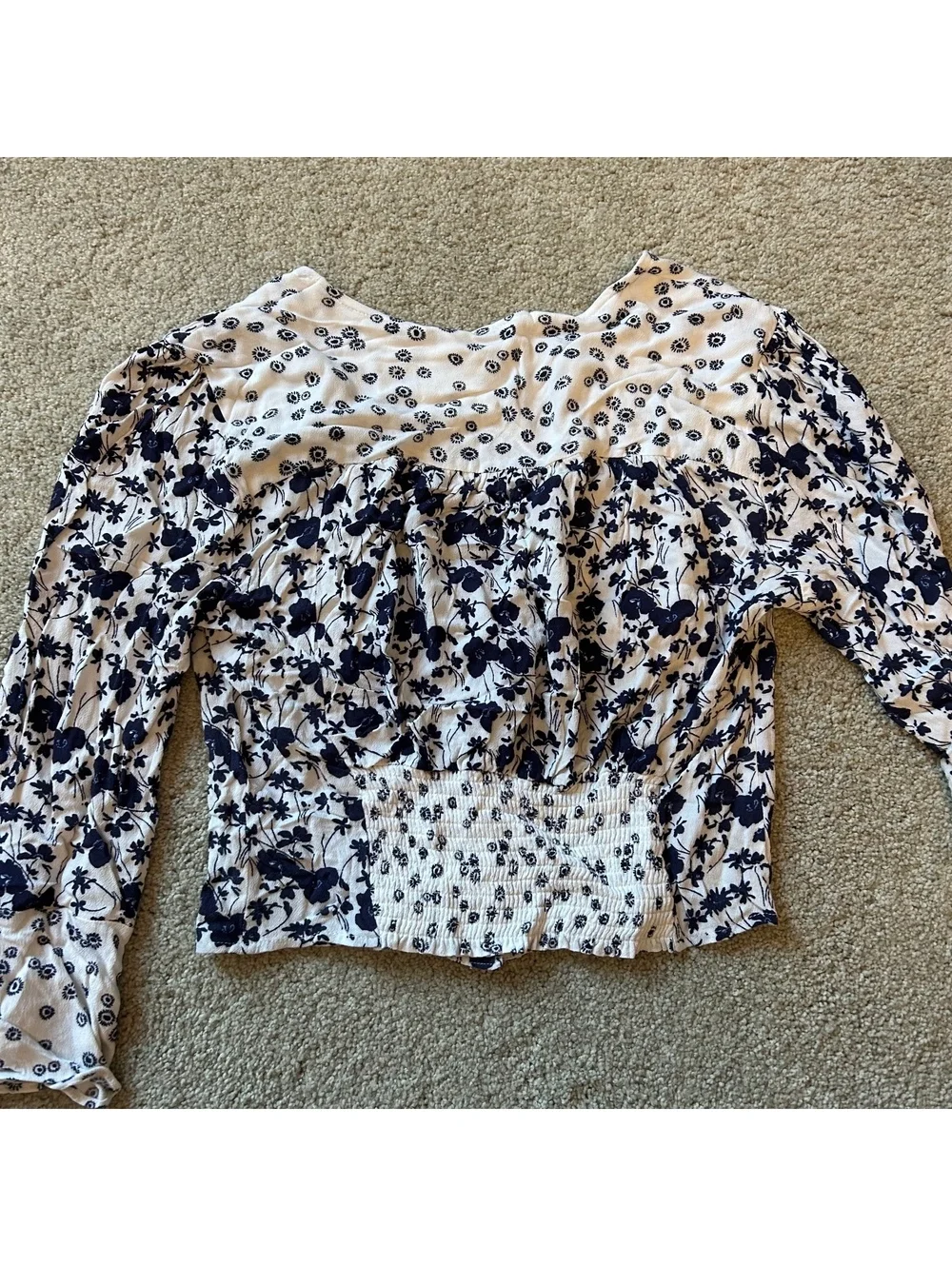 Free People Floral Print Button-Up Crop Top with Flared Sleeves women's size L